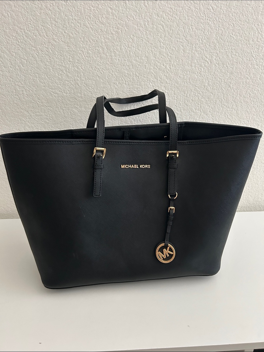 Michael Kors Black Leather Tote with Gold Hardware
